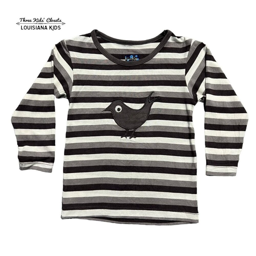 Kickee Pants 12-18m Grey Bamboo Striped Bird Appliqué Top